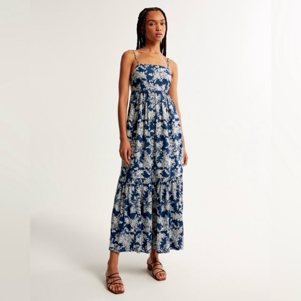 Abercrombie & Fitch Low Back Tiered Maxi Dress Sz LP Petite Blue Floral Babydoll